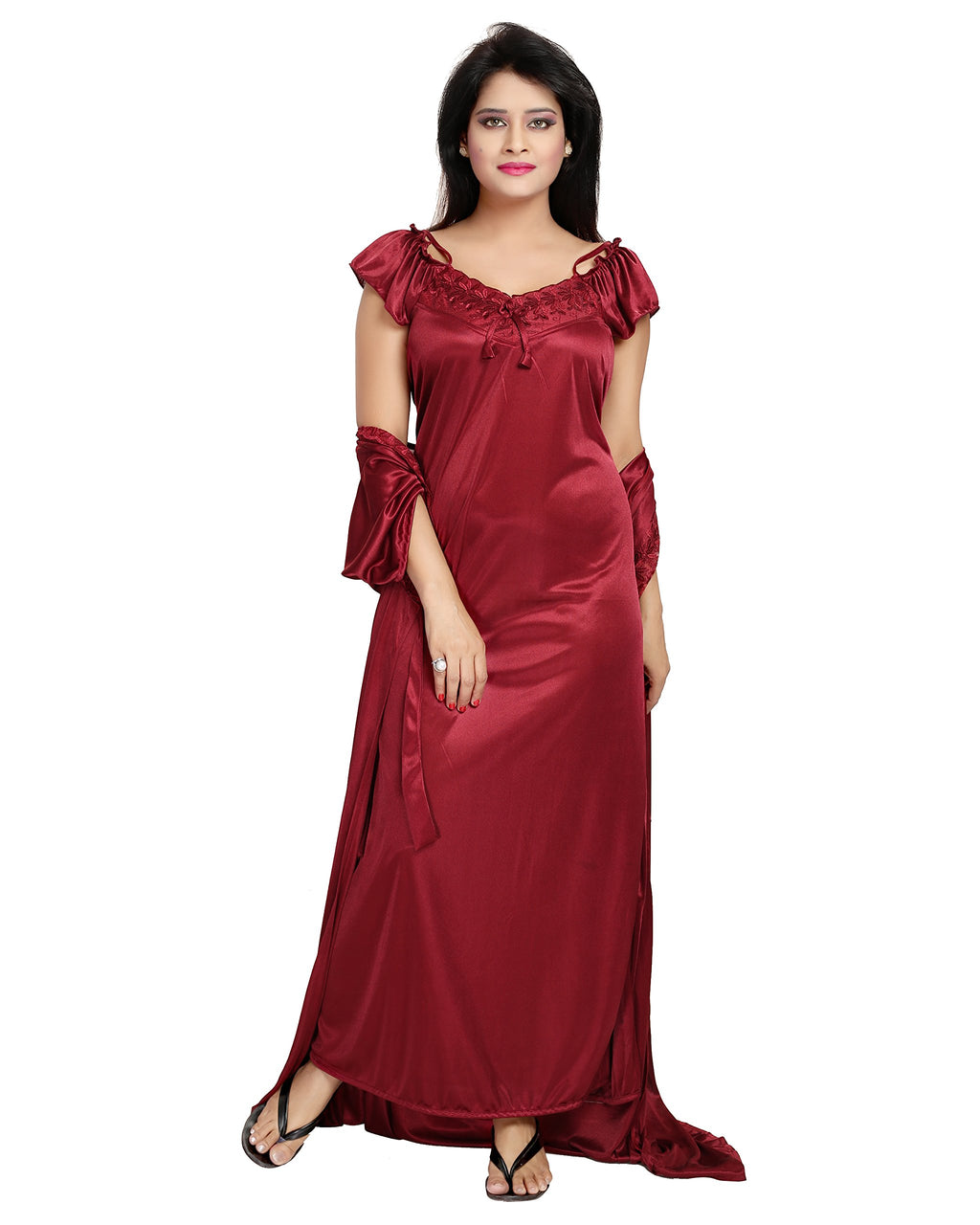 Noty Women's 4 Pc Nighty Set | Satin Nighty | Maxi with Robe | Solid Print | Top with Pajama | Lace work on Neck | Short Sleeves