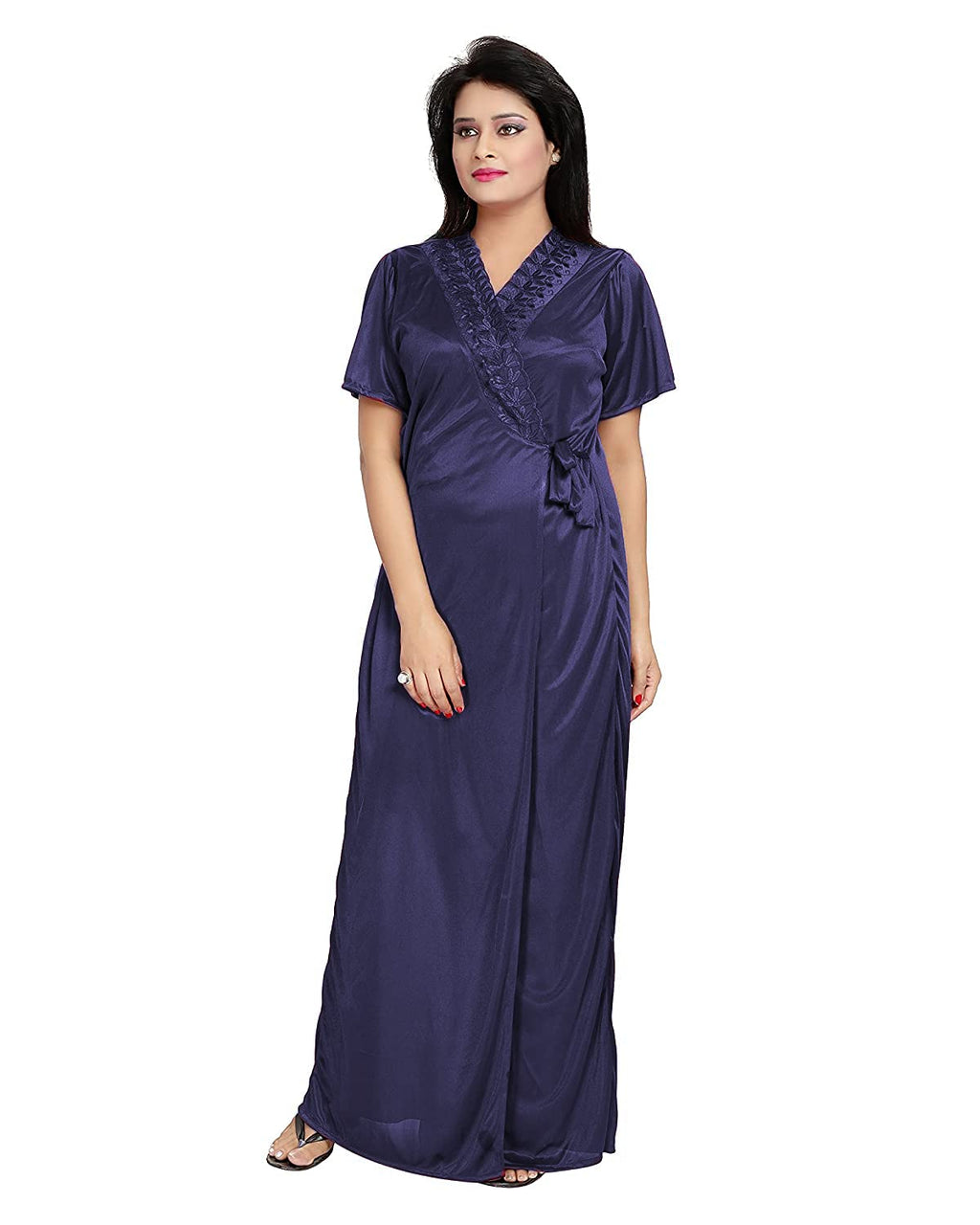 Noty Women's 4 Pc Nighty Set | Satin Nighty | Maxi with Robe | Solid Print | Top with Pajama | Lace work on Neck | Short Sleeves
