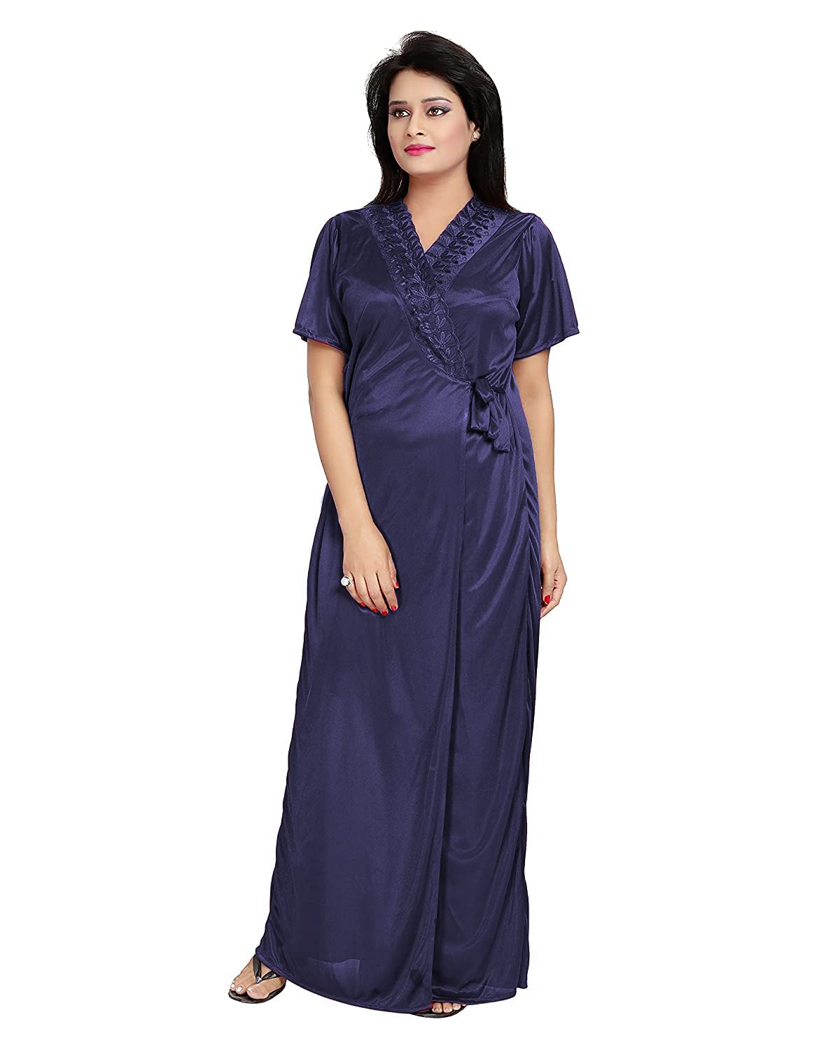 Noty Women's 4 Pc Nighty Set | Satin Nighty | Maxi with Robe | Solid Print | Top with Pajama | Lace work on Neck | Short Sleeves