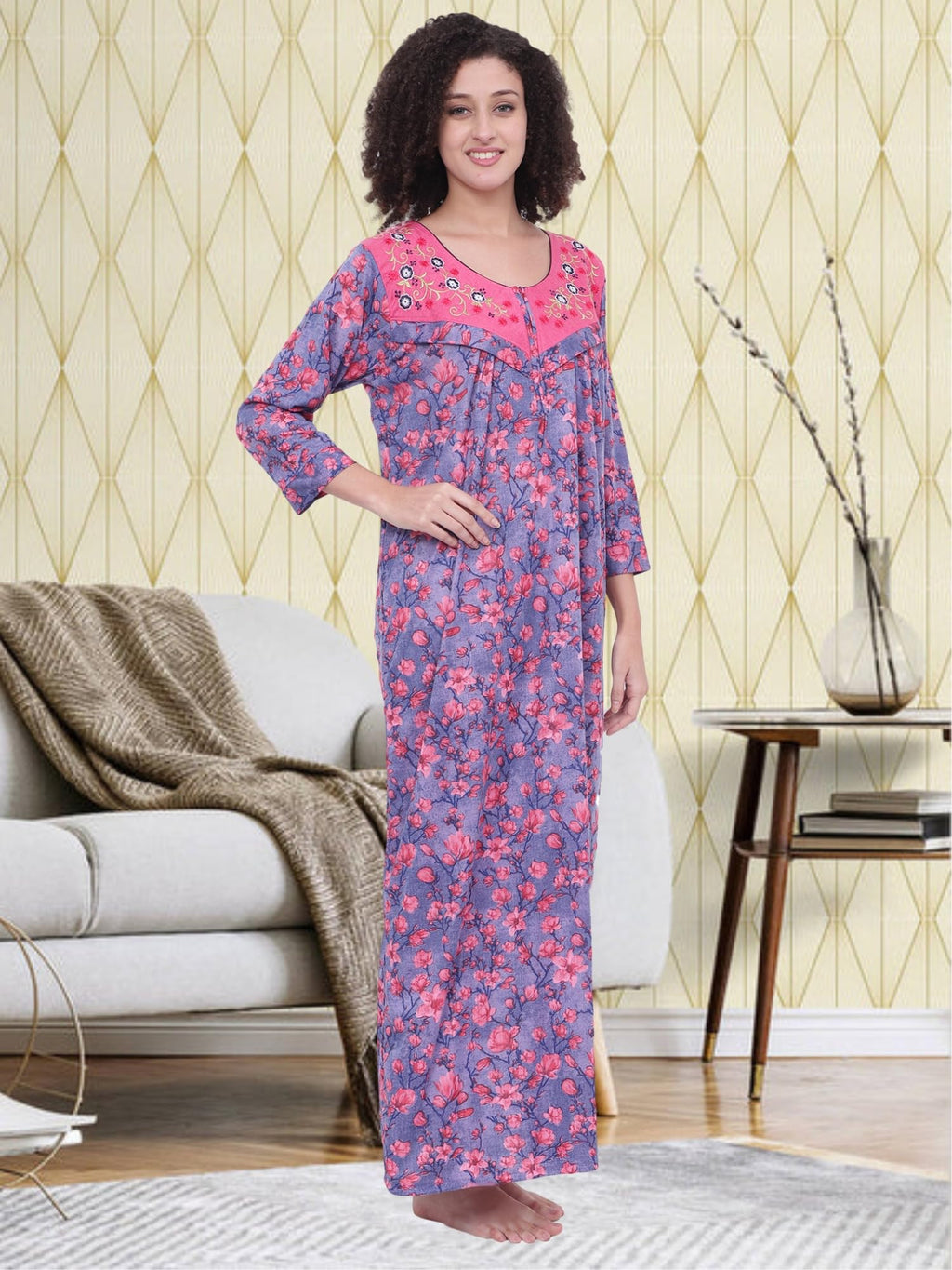 Noty ® Women's- Maternity | Feeding | Nursing | Nighty/Maxi/Gown- Poly Viscose Knits Fabric- Floral Embroidery, Zip on Both Sides, Full Sleeves