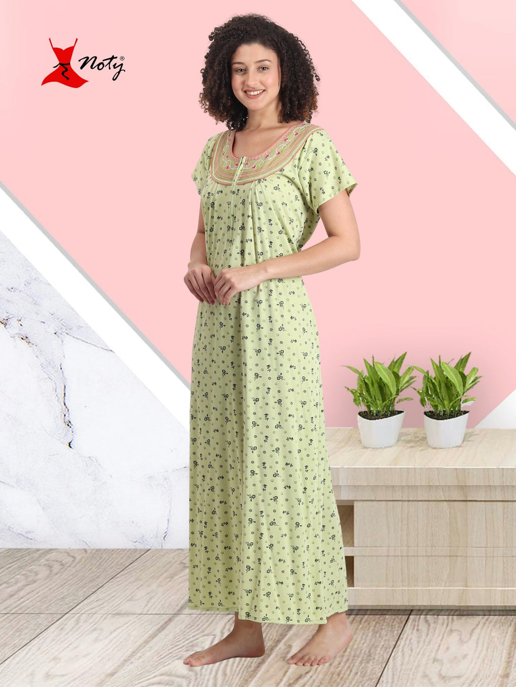 Noty® Women's- Nighty | Maxi | Gown- Poly Viscose Knits Fabric- Embroidery, Full Sleeves, Zip Closure