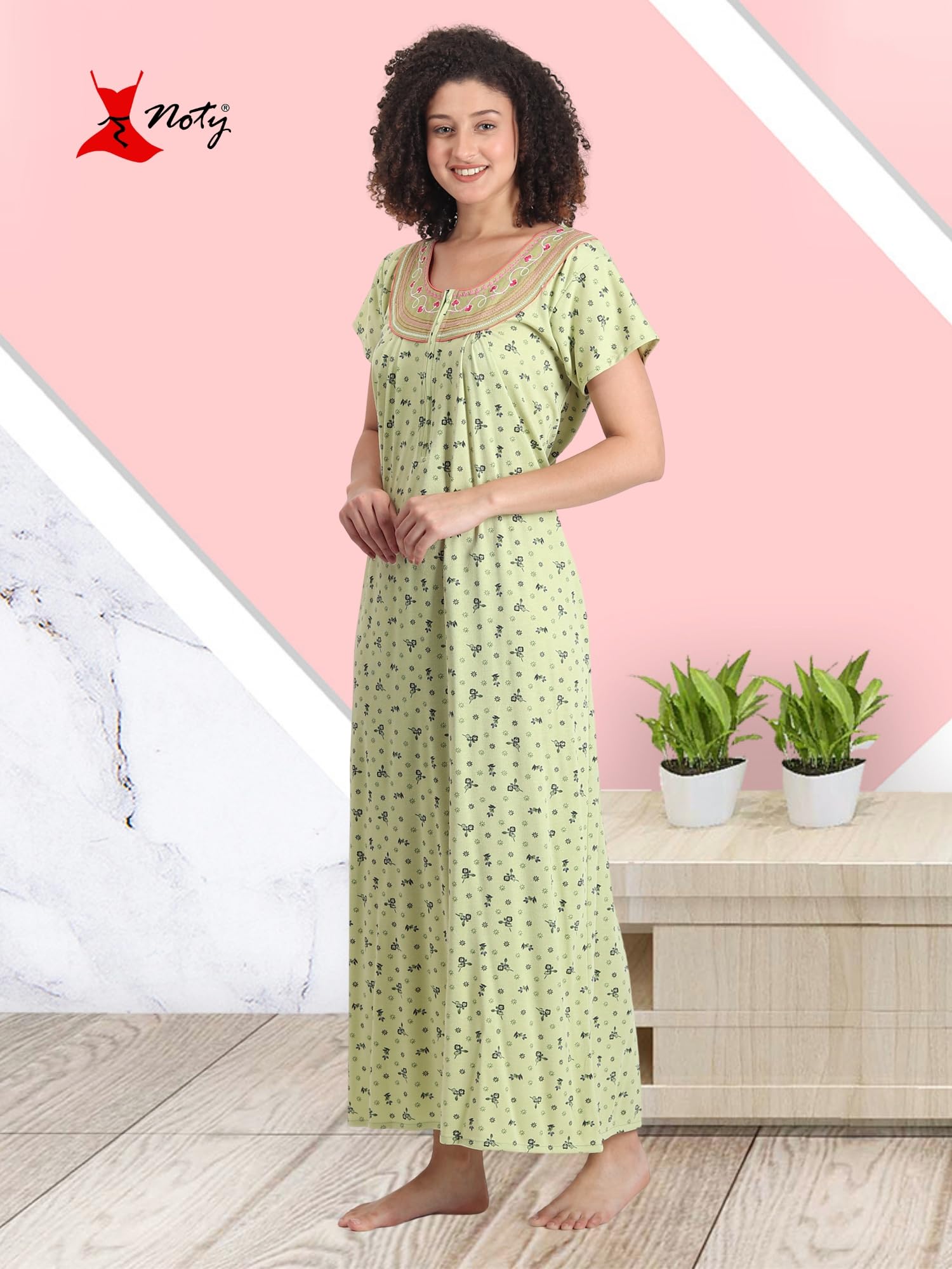 Noty® Women's- Nighty | Maxi | Gown- Poly Viscose Knits Fabric- Embroidery, Full Sleeves, Zip Closure