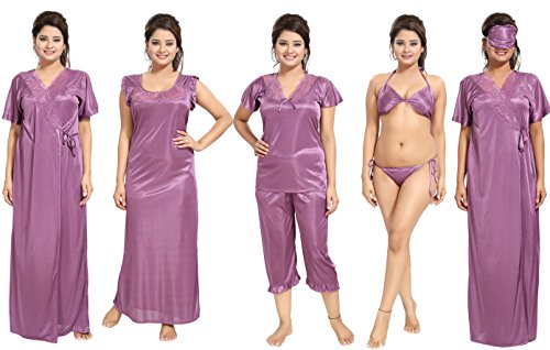 Noty Women's Satin Solid Maxi Nightwear Set Pack of 7 (Purple, Free Size)