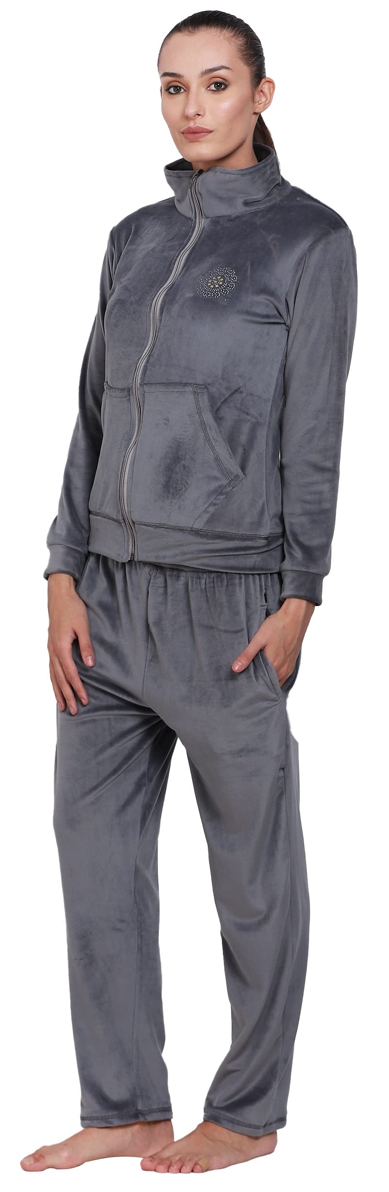 Noty® Night Suit Winter Velvet-Hoody with Zip-2 Side Pockets