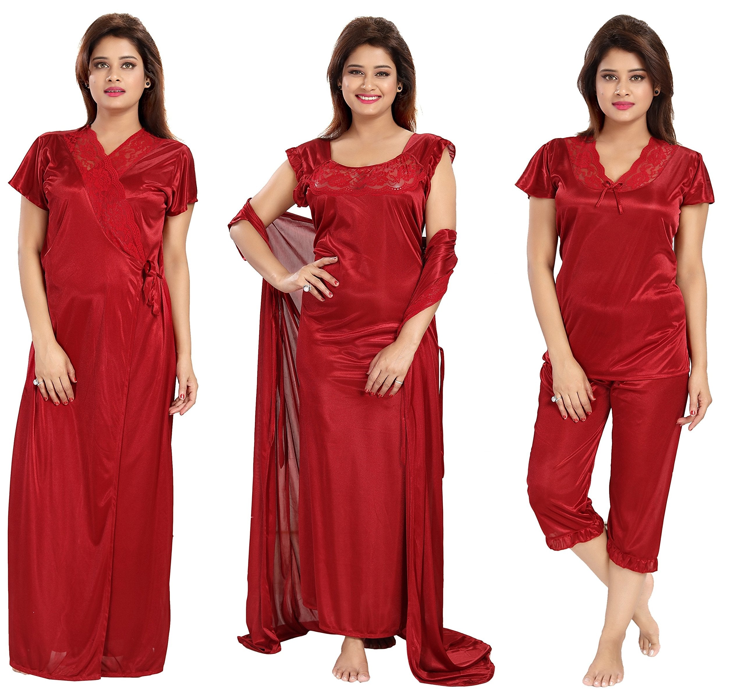 Noty Women's Satin Plain/Solid Nightwear Set Pack of 4