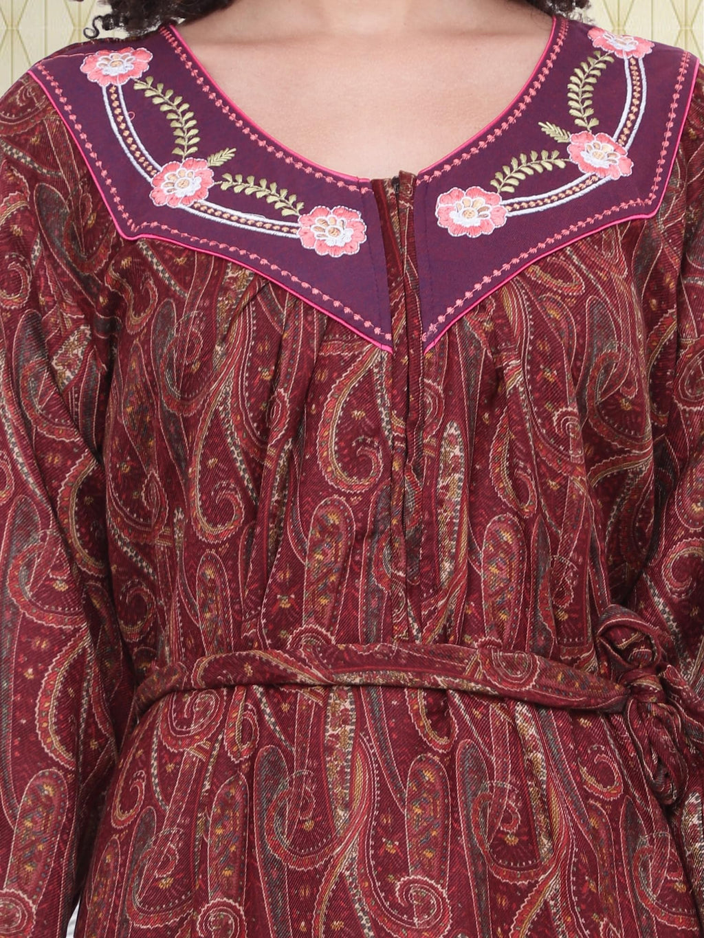 Noty® Women's Winter Nighty | Pashmina Blend | Full Sleeves |Embroidery Work On Neck with Zip Clousre | Maxi for Women