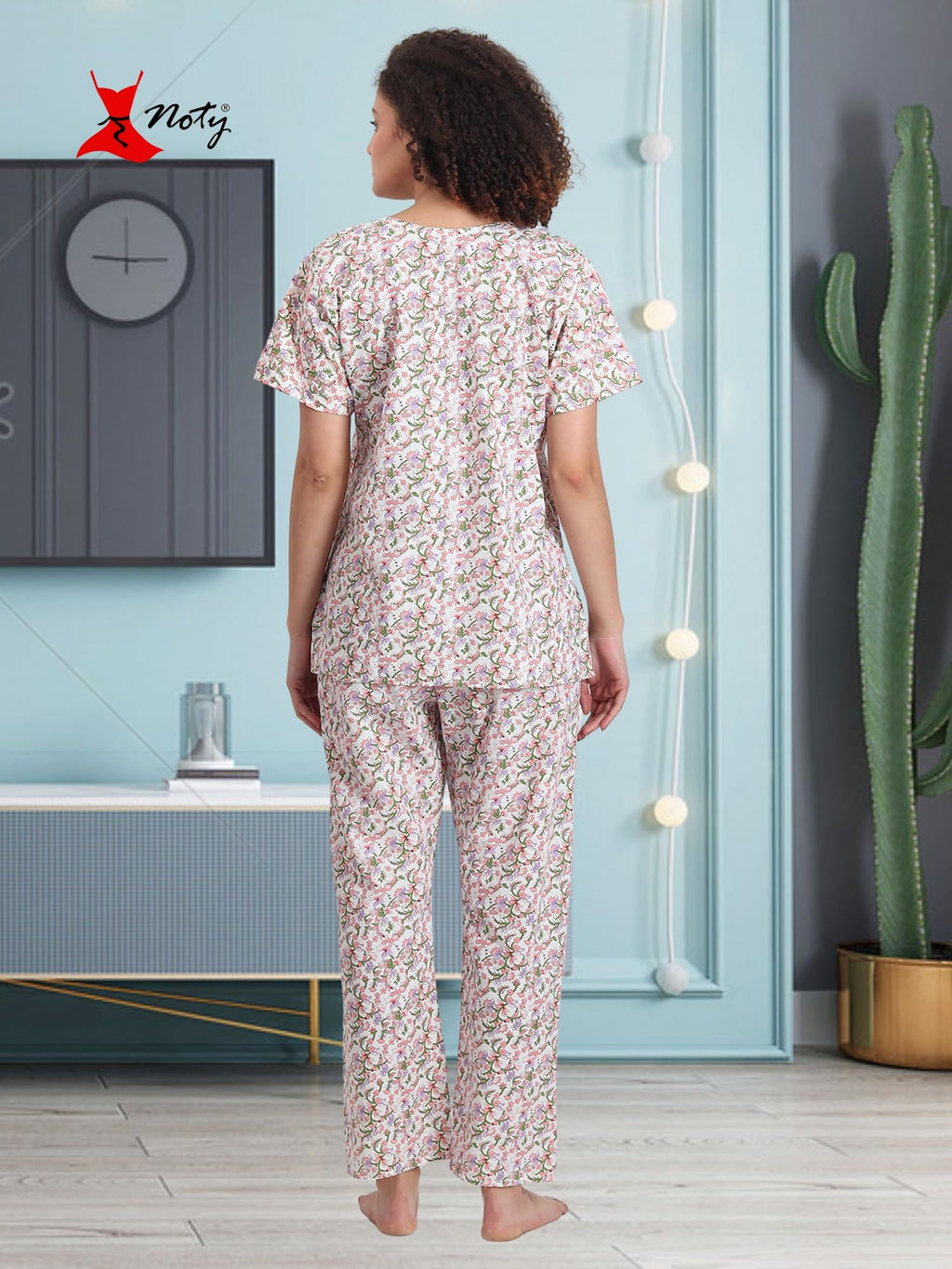 Noty ® Girl's/Women's Polyester and Cotton Mixed- Small Floral Printed- Night Suit/Night Wear/Lounge Wear/Night Dress