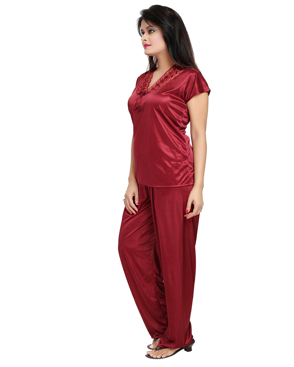 Noty Women's Satin Nighty, Robe, Top, Night Dress - Set of 6/7 (Maroon, Free Size)