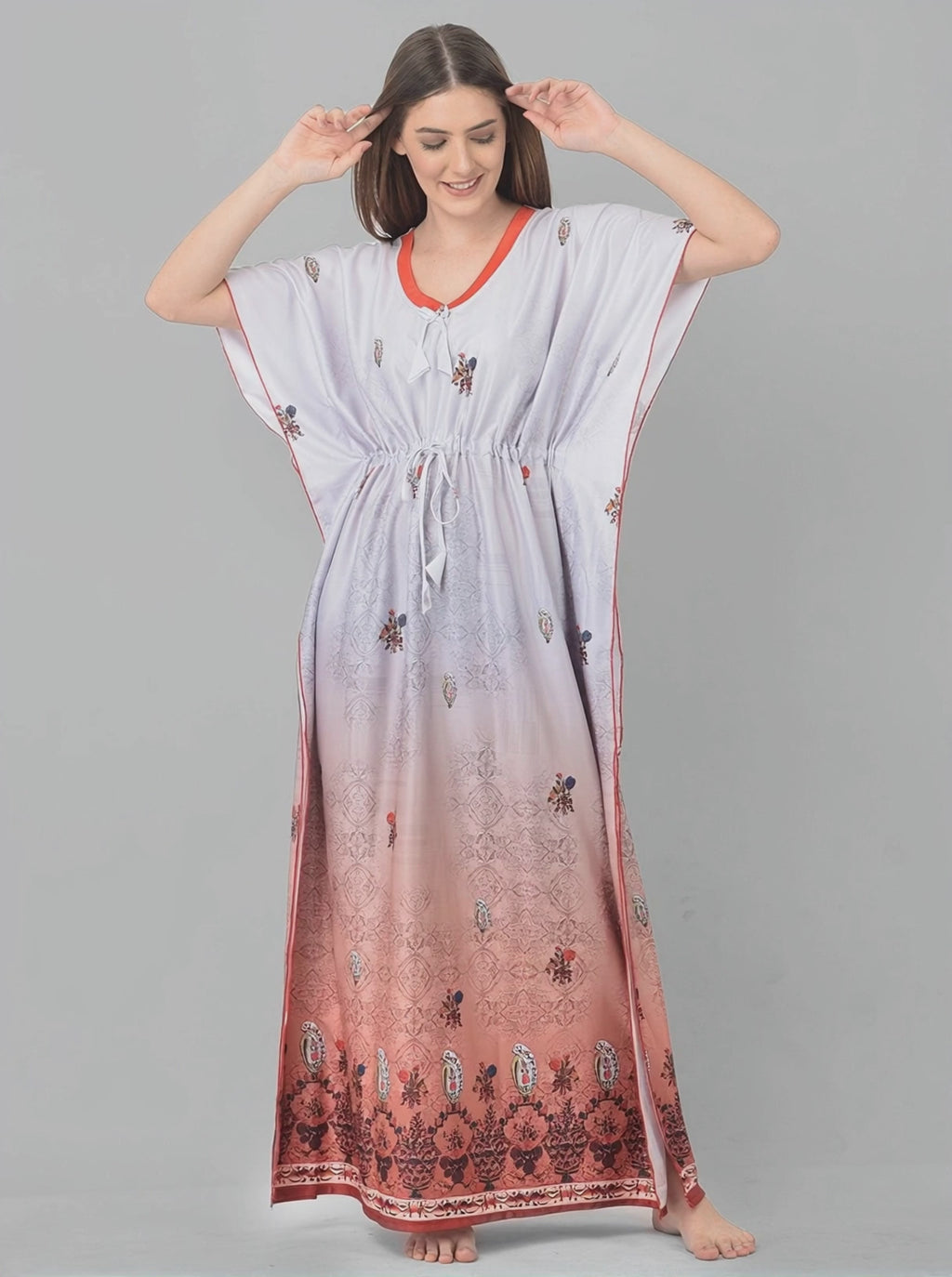 Noty ® Women's Kaftan Nighty | Digital Print | Sarena Fabric | V Shaped Neck Nightwear | Nightdress for Girl