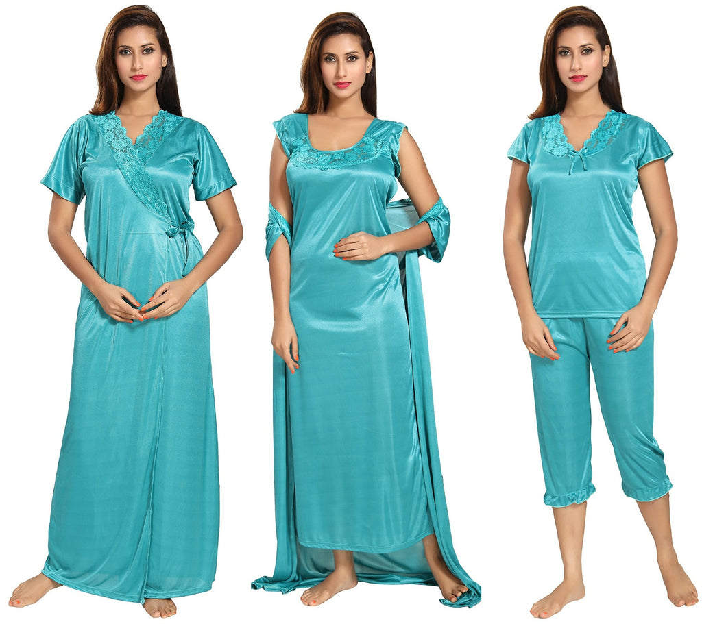 Noty Women's Satin Plain/Solid Nightwear Set Pack of 4